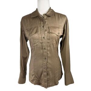 Frame Linen Blend Desert Brown Sz Small Arie Button Up Long Sleeve Stretch Top